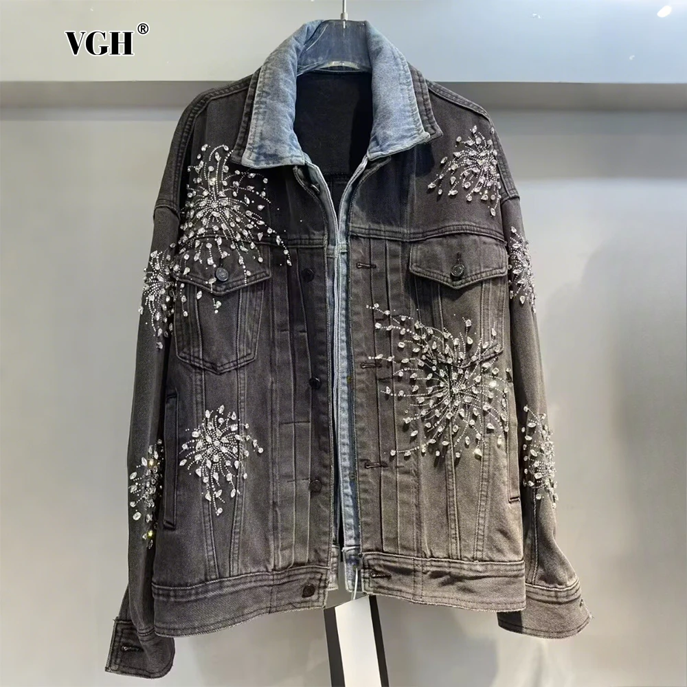 

VGH Patchwork Diamond Beading Chic Jacket for Women Lapel Long Sleeve Spliced Fake Two Piece Denim Coat Female Fashion Spring