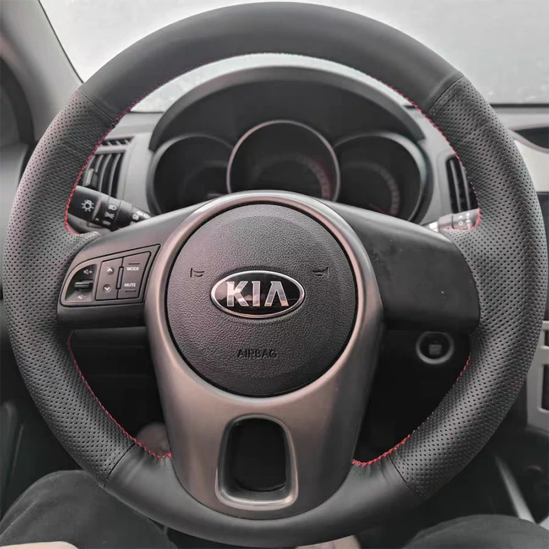 Hand-stitched black red Genuine Leather ultrathin car steering wheel cover Fit For Kia Forte 2009-2014 Soul 2010-2013 Auto Parts