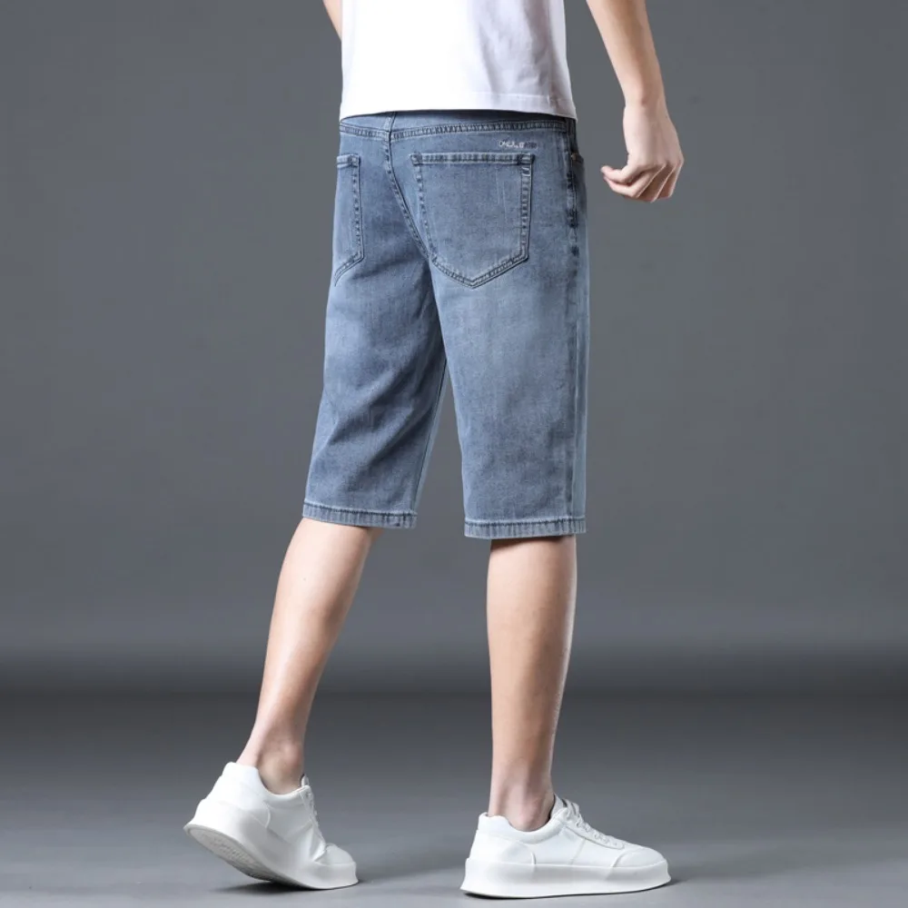 New denim shorts for men's summer loose straight leg knee length elastic cargo jeans  men clothing baggy jeans streetwear men