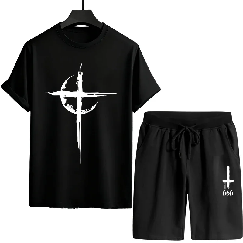 

Мужской спортивный костюм 2026 Satan Pattern: футболка и шорты, городской повседневный стиль, летняя спортивная одежда для активного отдыха, комфортные и стильные футболки, уличная одежда, комплект из 2 предметов
