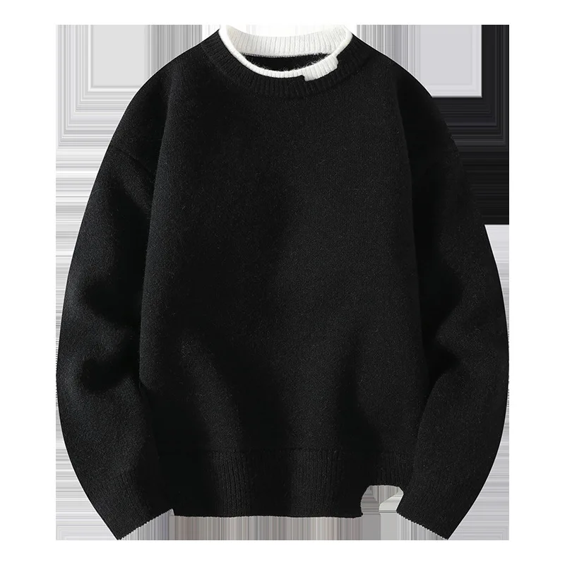 Swetry płaskie, dzianinowe, męskie, solidne swetry z okrągłym dekoltem, łączone swetry z długim rękawem, zimowe, standardowe, wełniane, luźne, lekko rozciągliwe podstawowe