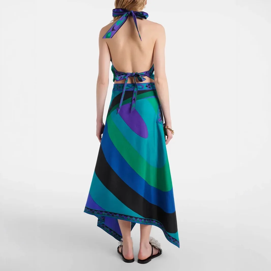 2025 جديد طباعة الساتان معلقة الرقبة الرسن تنورة غير النظامية مجموعتين قطعتين مجموعات ملابس نسائية تنورة مجموعات تنورة