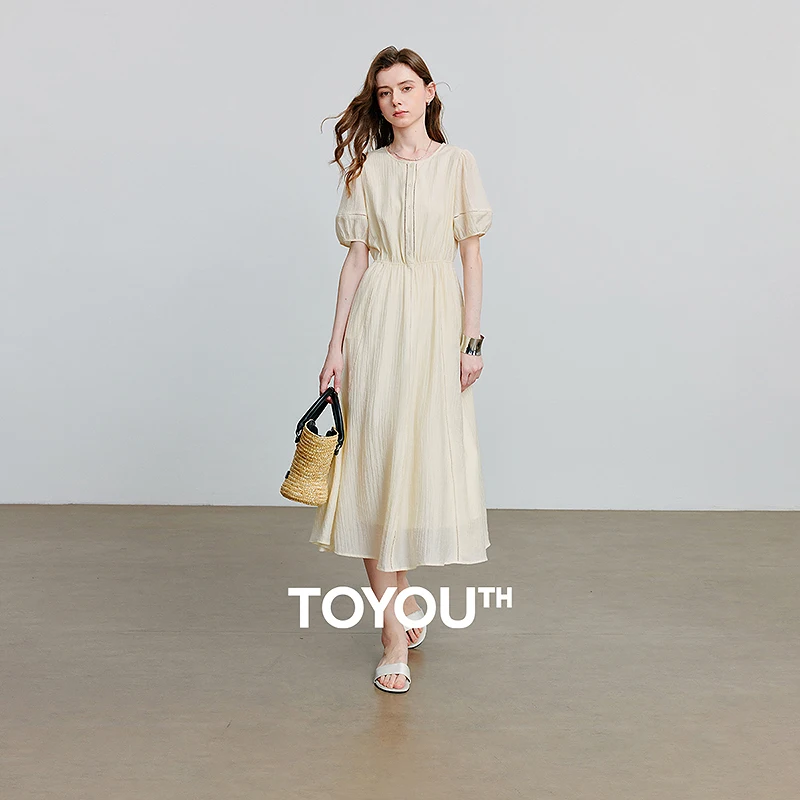 

TOYOUTH Women Dress 2025 Summer New Round Neck Lantern Sleeve Retro Waist Cinching Dress 8529151