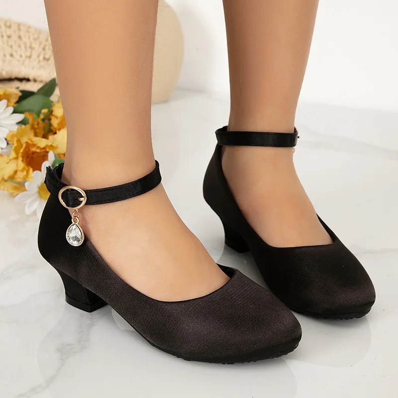 Chaussures de danse classiques en cuir noir pour enfants, chaussures à talons hauts pour filles, surface en velours, chaussures de princesse à la