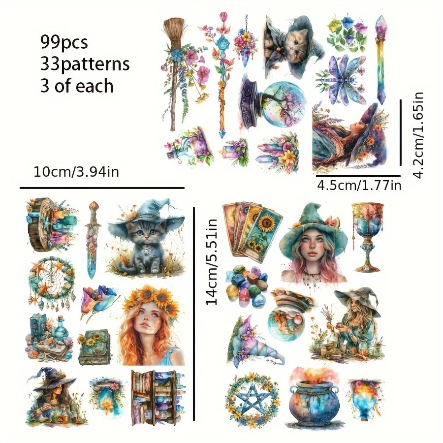 96-99pc Stickers Magic with Colorful Magic Herb, Love Potion Plant, Florals, Jars, Ocean Crystals Patterns, for Junk Journal