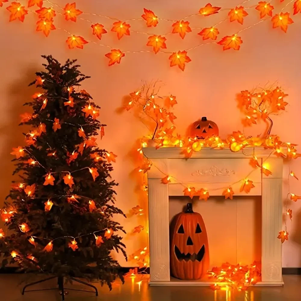 1pc Red Maple Leaf LED String Lights Indoor Outdoor Stair Railing Doors and Windows Halloween Autumn Decoration