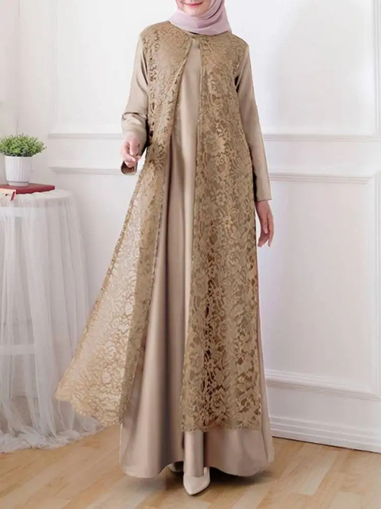 ZANZEA Vrouwen Elegante Kant Overlay Satijnen Jurk Moslim Mode Islamia Hijab O Hals Lange Mouw Abaya Gewaad Luxe Lange Vestidos