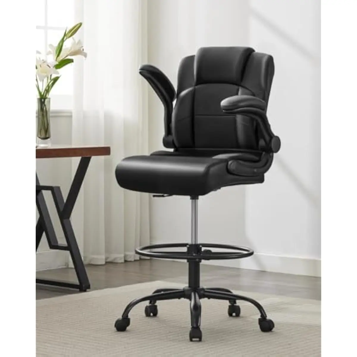 Ergonomic Tall Stool for Standing Desks • Adjustable Height & Foot Ring • Flip-Up Armrests • Square Backrest with Lumbar Support