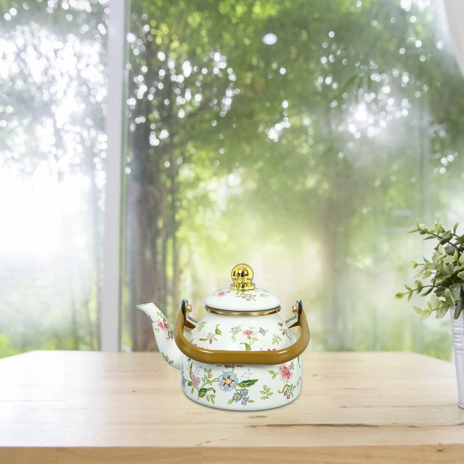 

Enamel Teapot 1L Flower Pattern Heat Resistant Stovetop Tea Kettle Japanese Style Home Accessories Kitchen Barware