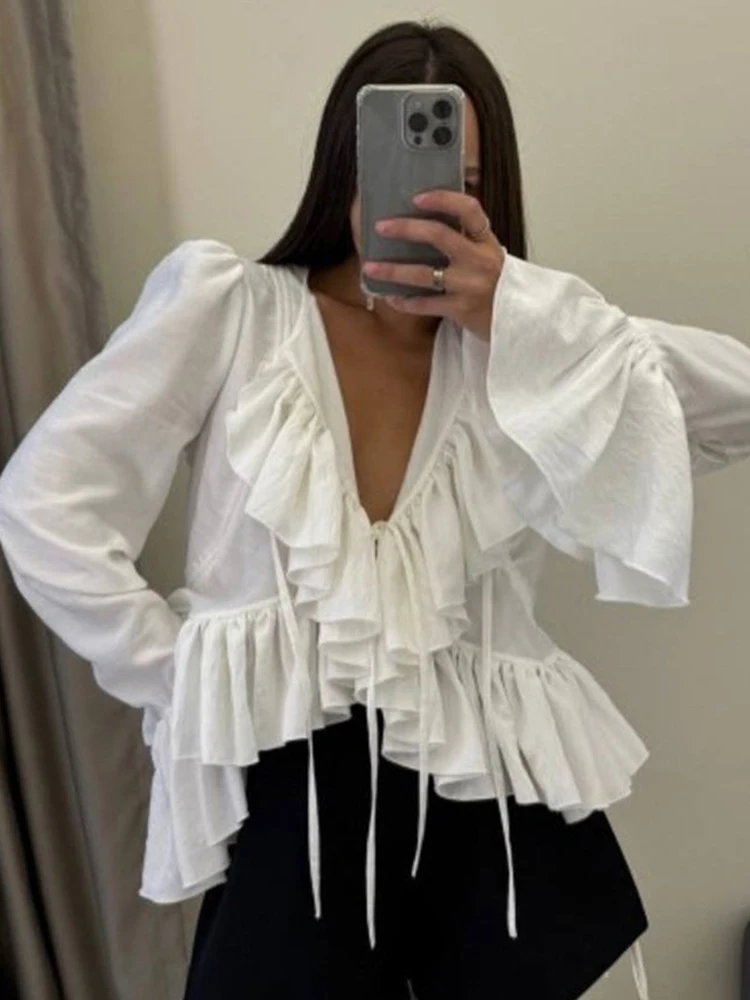 

Aynaray 2026 Весна-Лето Женская Сексуальная Праздничная Блузка с Рюшами, Однотонная Рубашка с V-образным Вырезом и Длинным Рукавом для Женщин