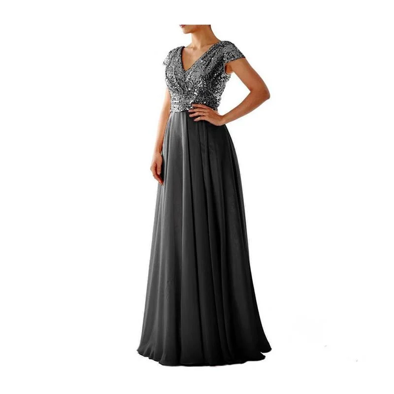 فستان نسائي جديد لفصلي الربيع والصيف بدون أكمام، ياقة على شكل V مع ترقيع من الشيفون والترتر، فستان سهرة أنيق بخصر مرتفع وتنور... #4