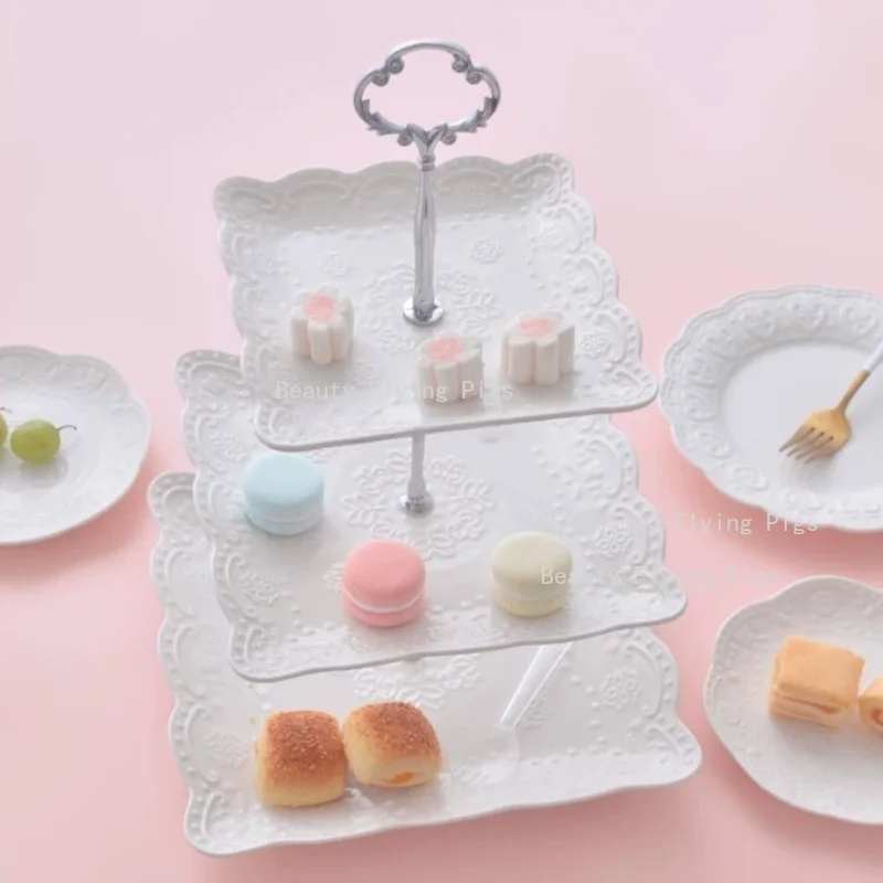 1pc Square Ceramic Cupcake Rack, Dessert Display Tray, Wedding Banquet Square Storage Tray, Kitchen Tableware,  Bread Plates