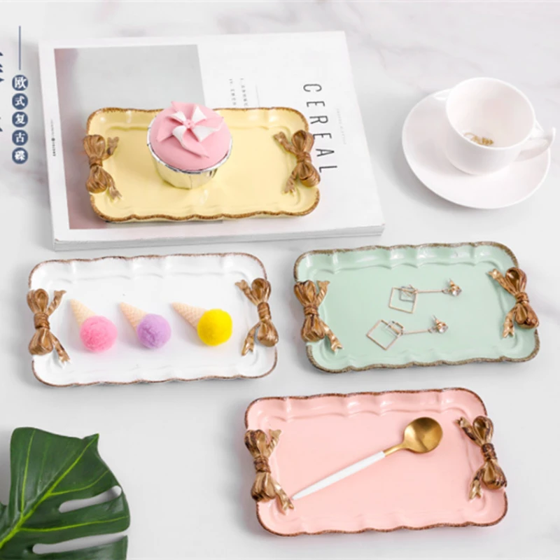 Rectangle Plate Set Imitation Ceramic Plates Simple Creative Resin Dessert Cake Plate Bowknot Handicraft Party Decoration Tray