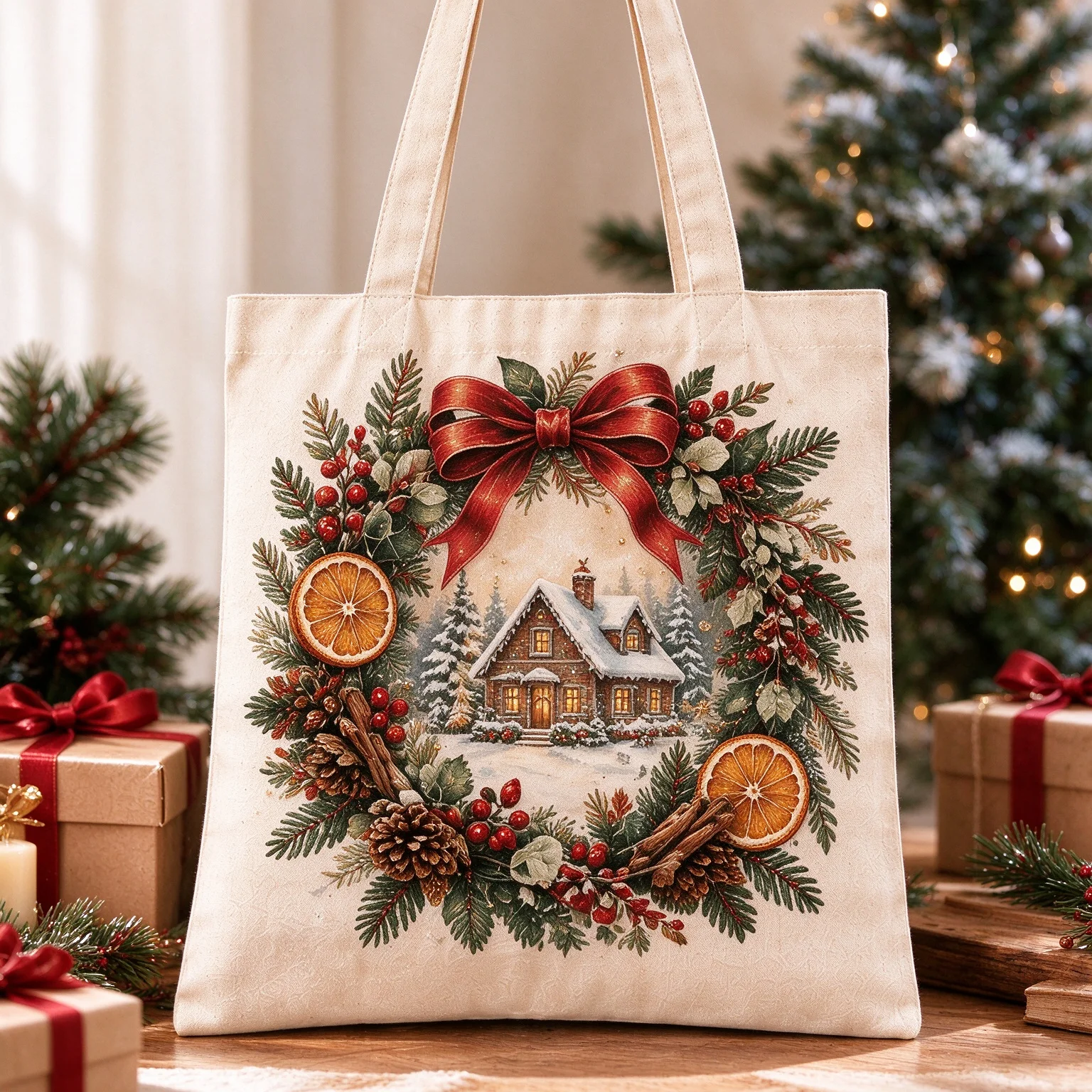 Vintage Christmas Wreath Cabin Canvas Tote Bag Large Reusable Shopping Handbag Women Casual Shoulder Bag Holiday Xmas Gift