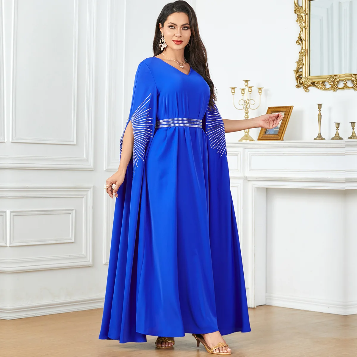 Middle East Amazon Cross border Muslim Robe Solid Color Embroidered Extra Long Sleeve Women's Dress