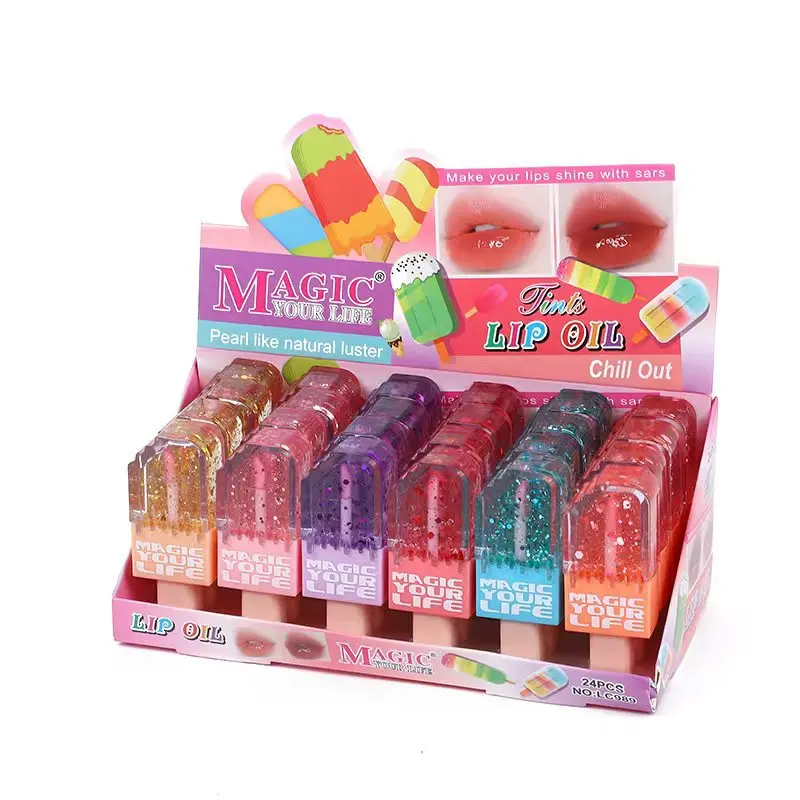 24Pcs 6 Colors Shiny Sequins Glossy Lip Oil Set Ice Cream Color Changing Moisturizing Lip Gloss Kawaii Lips Makeup Wholesale