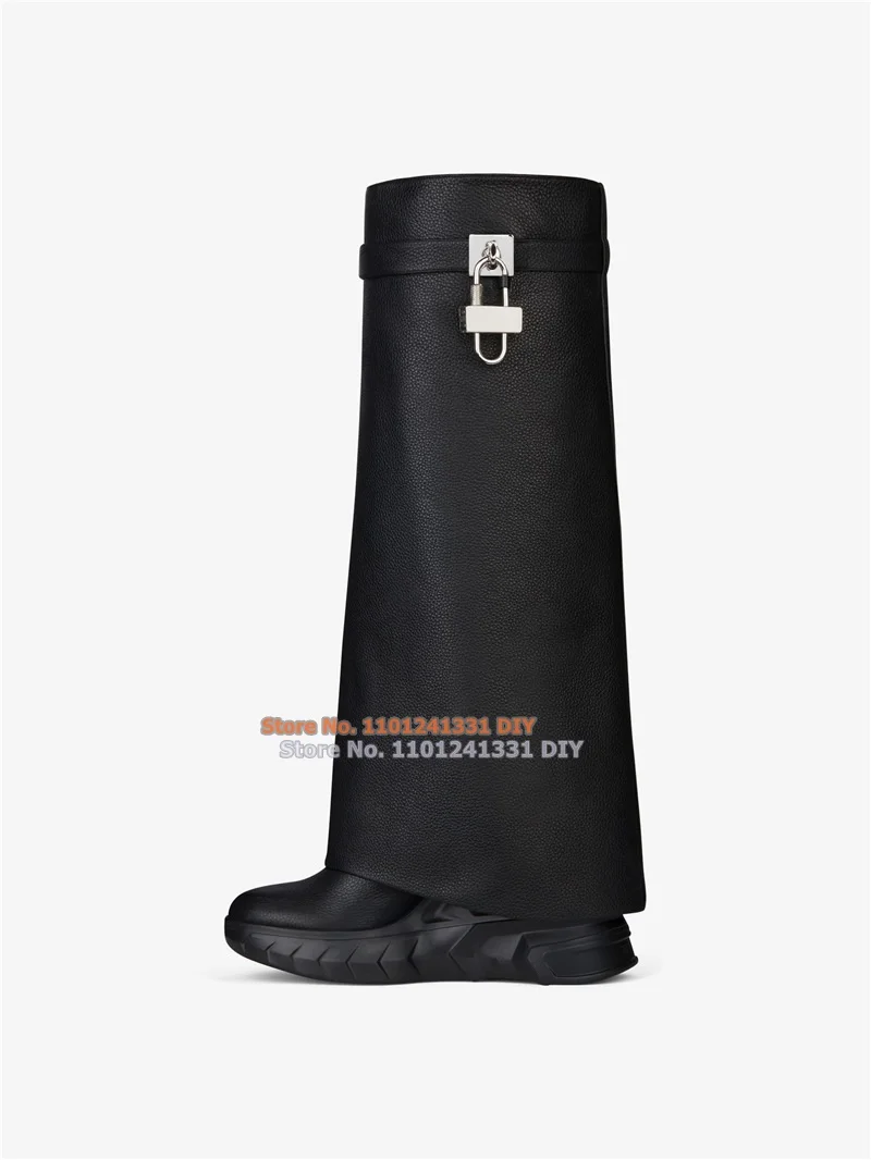 

Shark Lock Biker Boots In Grained Leather Knee High Boots Women Metal Clasp with Silver Finish Padlocks Platform Long Boots