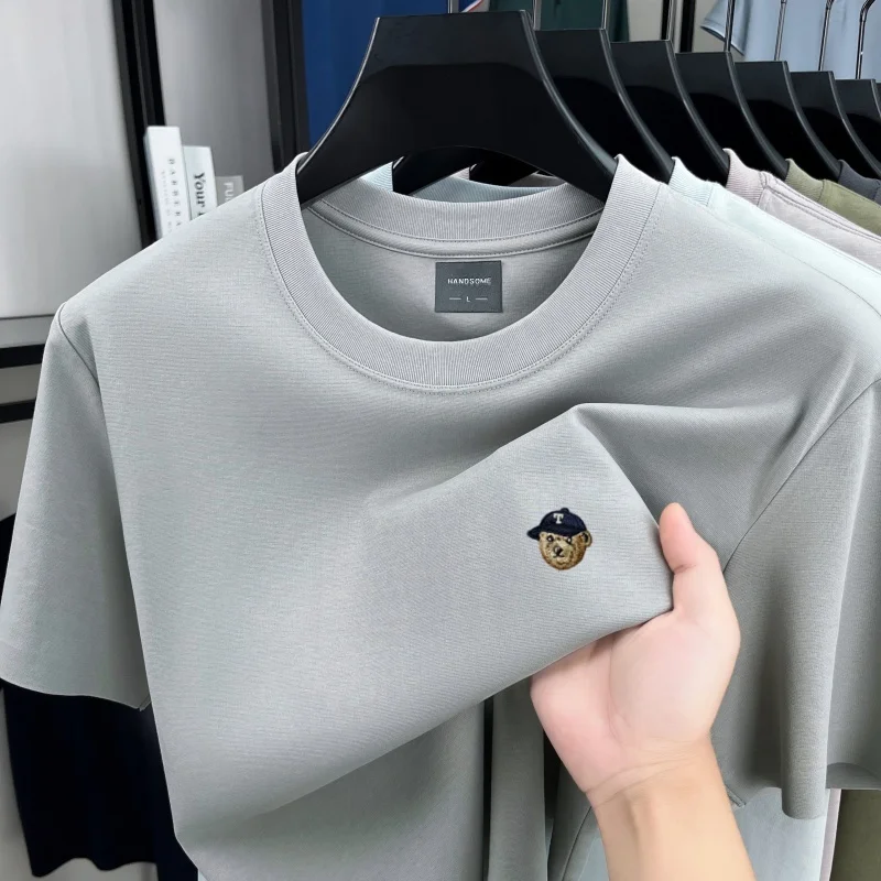 High end ice silk cotton short sleeve T-shirt fashion exquisite embroidered round neck top luxury brand new breath men's wear