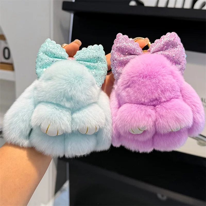 Fashion Bunny Keychain Plush Pompoms Bow Cute Rabbit Pendant Cartoon Bag Stuffed Doll Backpack Key Chain Bag Charm Accessories