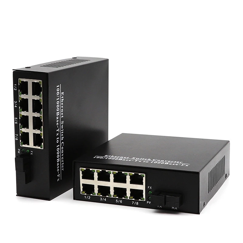 HTOC 8 Port RJ45 Gigabit Ethernet Fiber Transceiver SC Interface 10/100/1000M Single Mode Single Fiber (3KM)