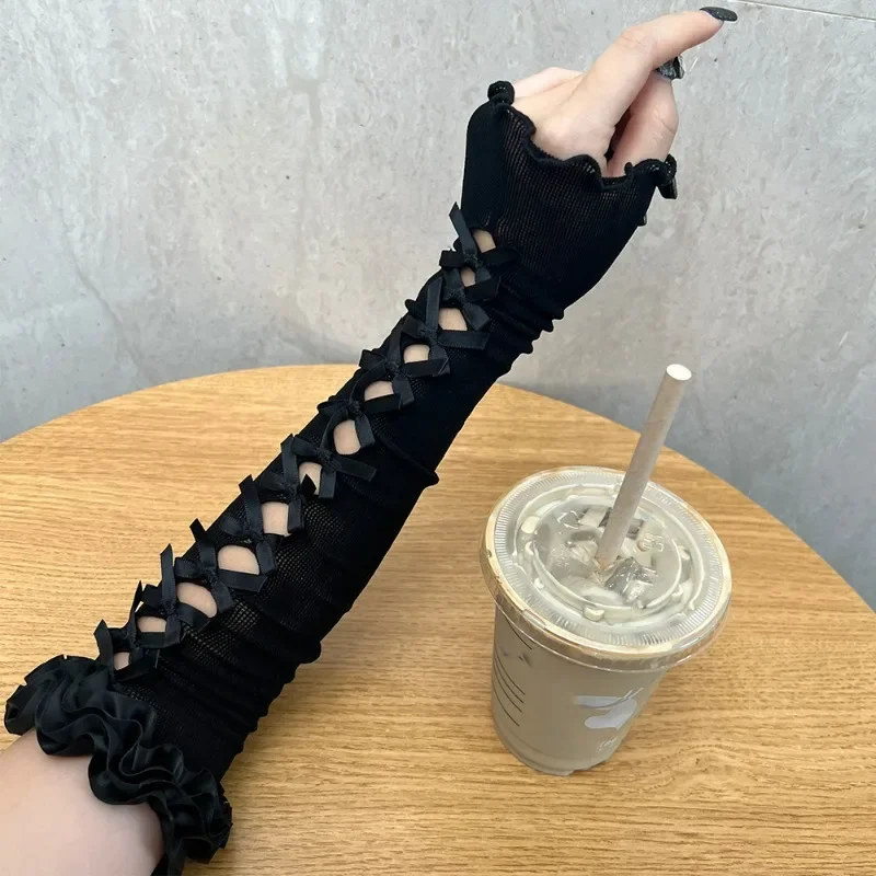 Lace Bow Sleeves Shawl Arm Warmer Fashion Ballet Lolita Sweet Jk Mesh Flock Oversleeve Sunscreen Fingerless Long Gloves Women