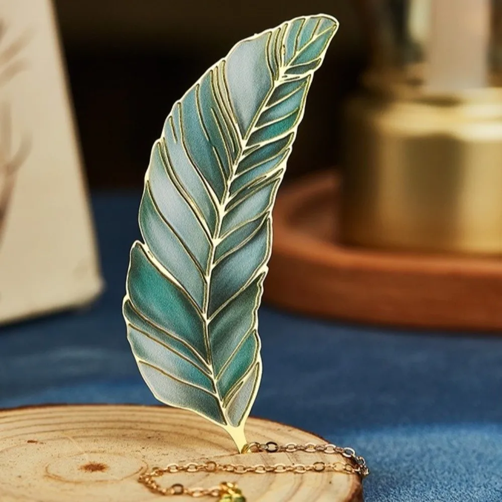 Metal Leaf Feather Metal Bookmark Gradient Color Gilded Vein Feather Page Marker Mini Pendant Enamel Pattern