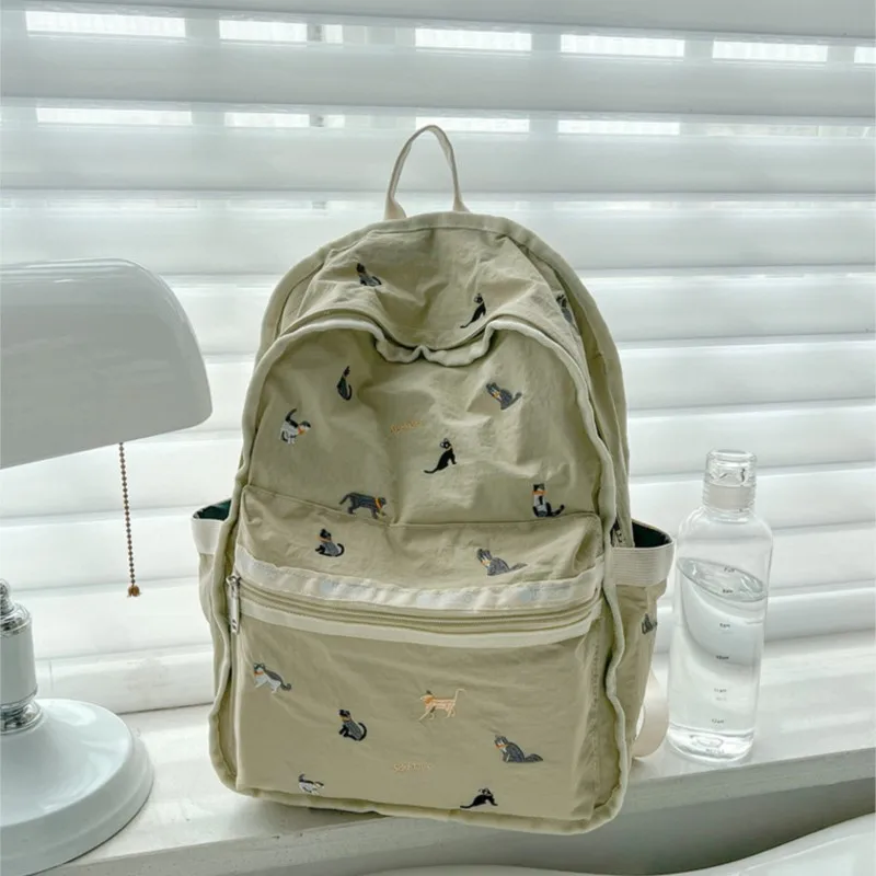 달콤한 귀여운 수 놓은 고양이 배낭 여성 카키 대용량 경량 데이 팟 여성용 일상 통근 다목적 Mochilas Mujer