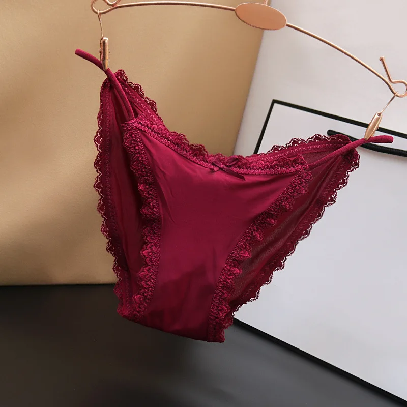 Sexy underwear women's lace edge cotton file ice silk thin belt low waist girl summer thin breathable seamless large size briefs