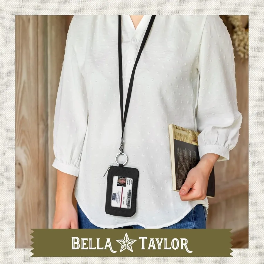 Tali ID untuk Dompet Gantungan Kunci Wanita dan Anak Perempuan dengan Tempat Lencana dan Kantong Ritsleting Berlapis Microfiber Hitam