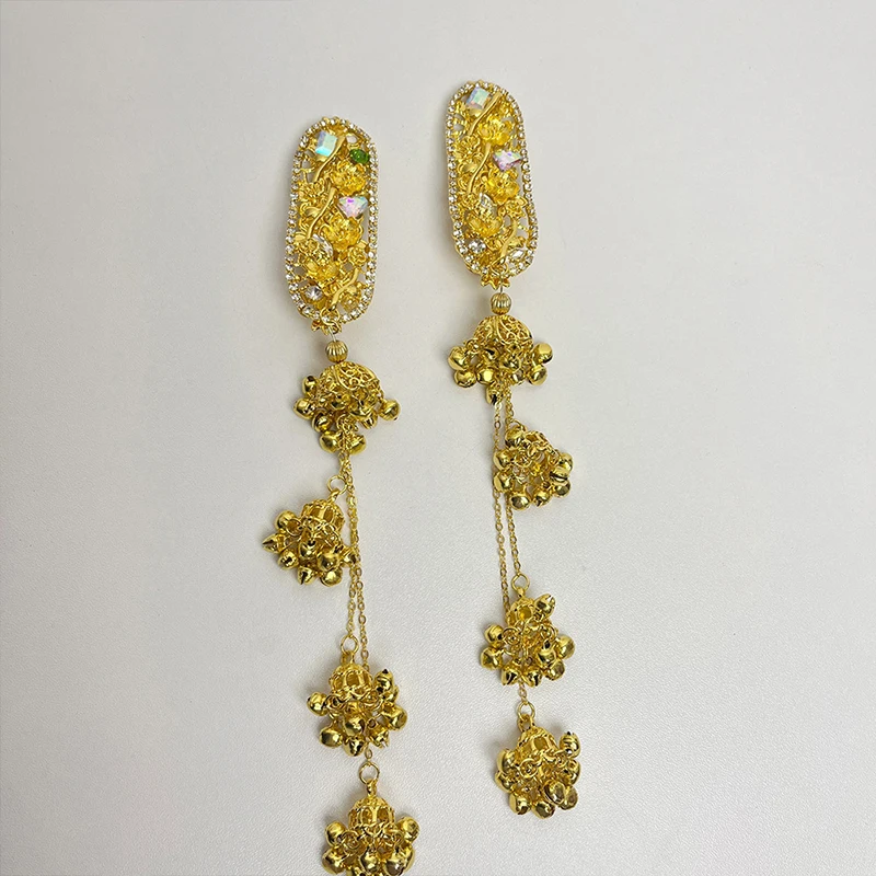 Chinese Style Gold Color Plated Long Chain Tassel New in Hair Clips for Women Flower Bell Bridal Wedding Ethnic Hair Accessories