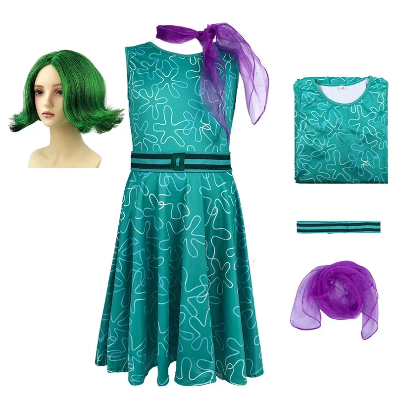 Movie Inside-Out Disgust Cosplay Costume Inside-Out Joy Inspired Dress Wig Kids Halloween Christmas School Party Cosplay Costume