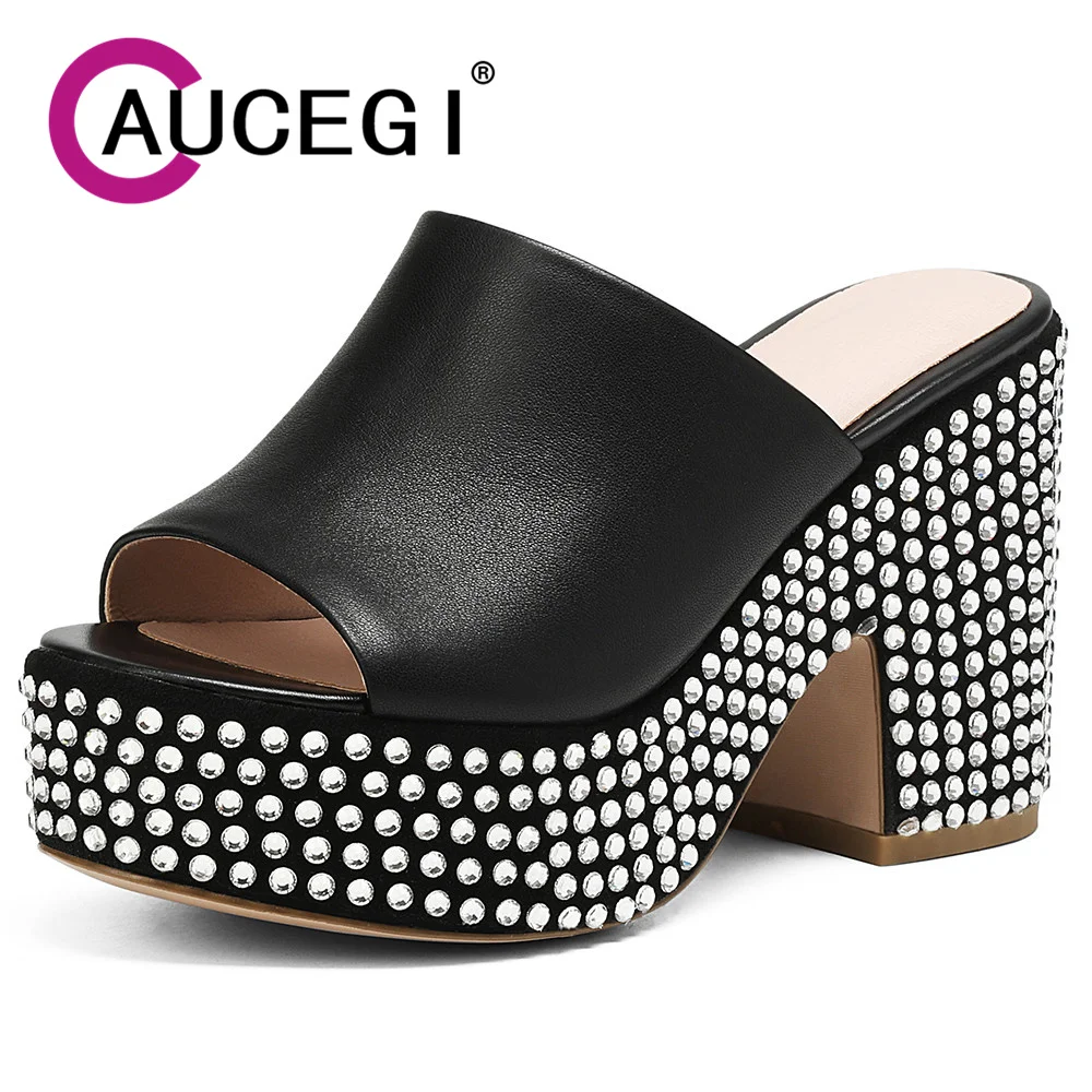 

Aucegi Chic Rhinestone Studded Sandals Slipper Thick Sole Round Toe Platform Slip On Women New Style Summer Party Dress Shoes