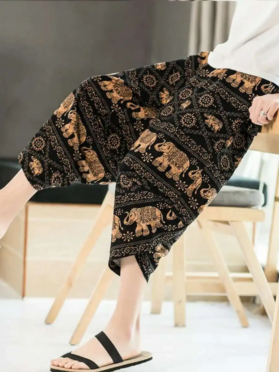 

Loose Cotton Linen Men's Shorts Summer Casual Loose Fit Youthful Lantern Pants mid Waist Drawstring Thin Leggings