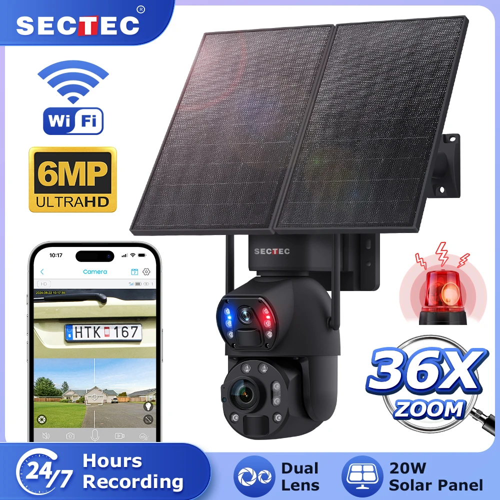 

Уличная беспроводная PTZ-камера SECTEC с 36-кратным зумом, 4G LTE, на солнечной батарее, с двумя объективами 6 МП, автослежением и цветным ночным видением для домашней безопасности
