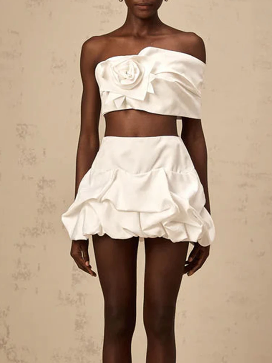 VGH مجموعات مكونة من قطعتين مثيرة للنساء بدون حمالات مكشوفة الكتف وأكمام عالية الخصر تنورة قصيرة مجموعة مصممة أزياء نسائية #2