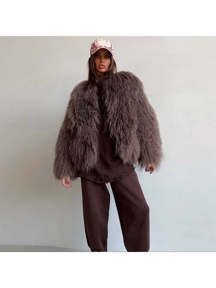 French Fashion Winter Dark Brown Synthetic Fur Wavy Plush Fluffy Soft Exquisite Elegant Party Loose Comfortable Dating Outerwear