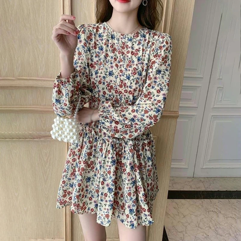 French Puff Long Sleeve Stretch Dresses Woman Summer Slim Body Clothes Floral Print Pastoral New  Female