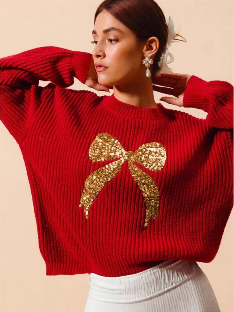 Nuevo Otoño Invierno Casual mujer lentejuelas arco suéter de punto de manga larga, Vintage Y2k Jersey Tops, trajes de fiesta y vacaciones