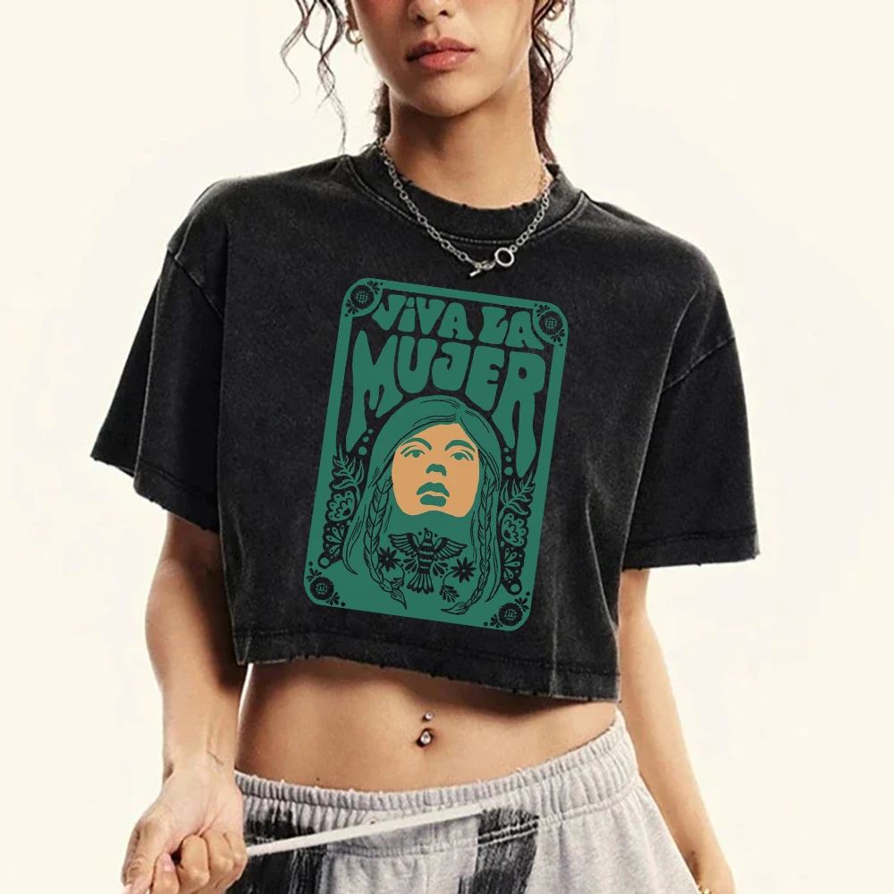 

Women'S Cotton Crop Tees Trend Regular Fit Distressed Washed T-Shirts A Woman'S Face Printing Short Sleeve Street Female Clothes