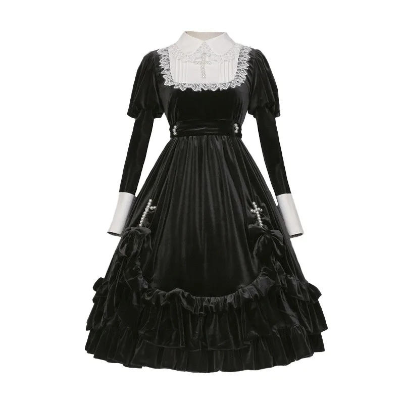 Herfst Winter Gothic Lolita Jurk Retro Lange Mouwen Fluwelen Dark Lolita Prinses Jurk Vintage Kruis Op Jurk Halloween Kostuum