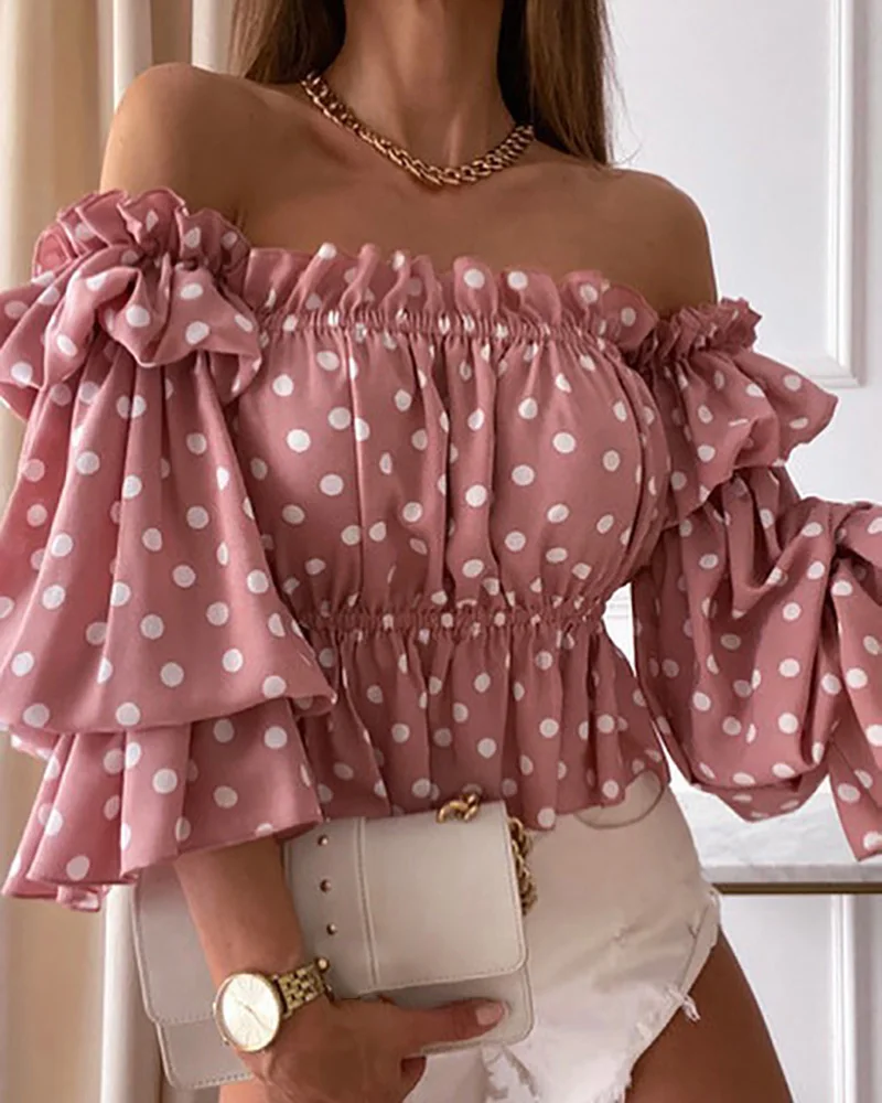 Summer Women Polka Dot Print Off Shoulder Top 2021 Elegant Femme Puff Sleeve Corset Blouse Lady Outfits Y2k Tunics