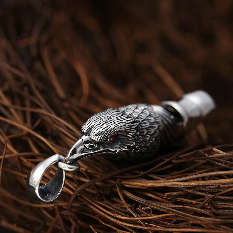 S925 Sterling Silver Owl Pendant Black Color Old Process Unisex Whistle Red Zircon Eyes Fine Jewelry FYNE399