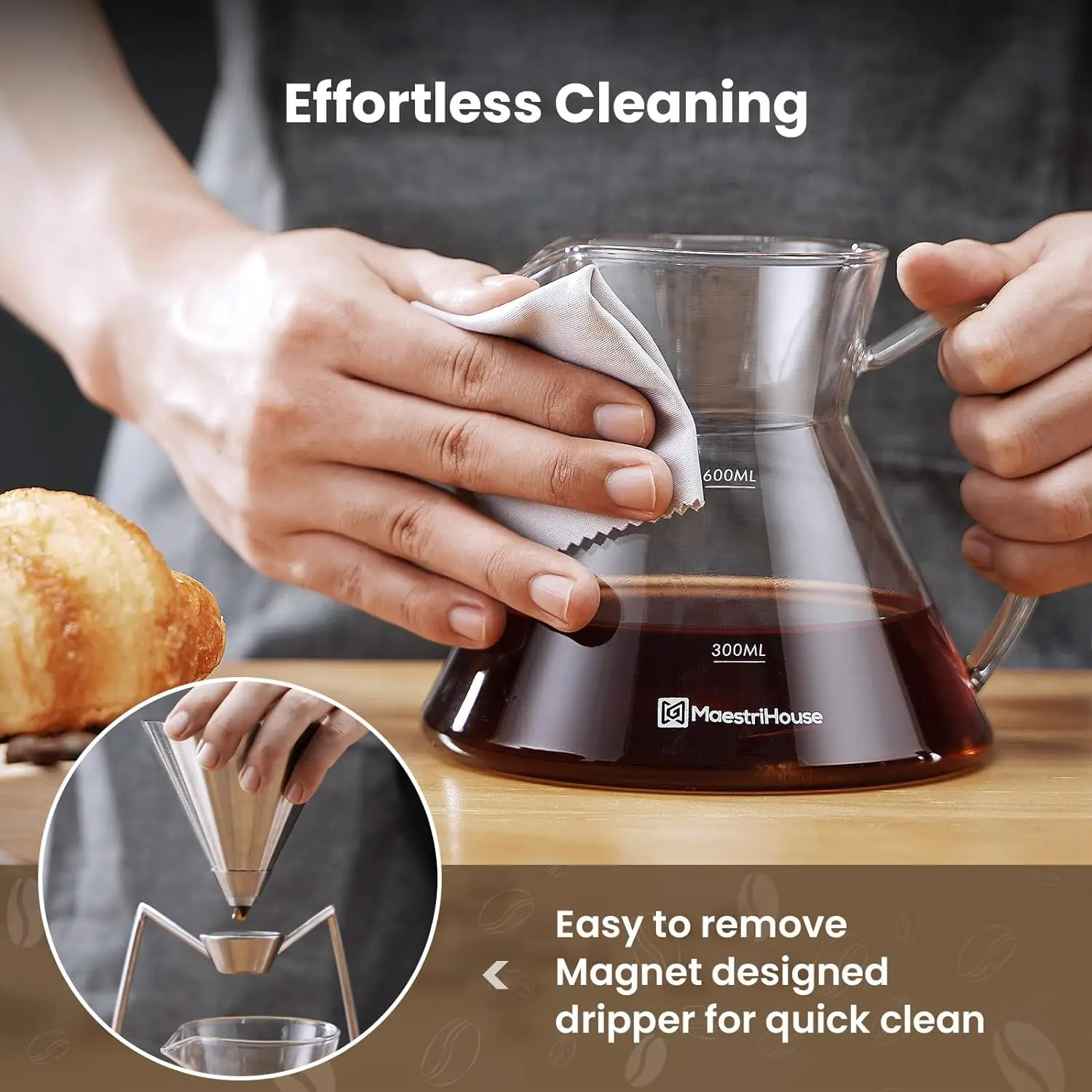 Maestri House Pour Over Coffee Maker Magnetic Coffee Dripper and 600ML Carafe Coffee Server Drip Coffee Maker with Metal Base