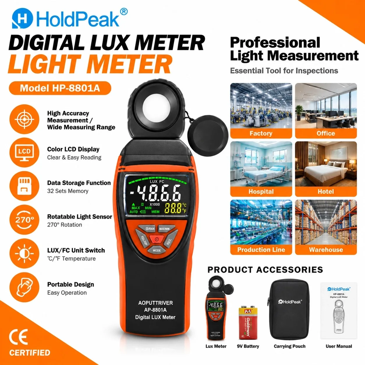 BTMETER 8801A Illuminance Meter 400,000Lux 0.1Lux Resolution ±4% 33 Data Memory MAX/MIN Temp for Office Factory