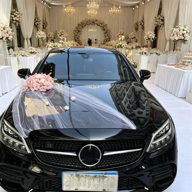 Rose Tulle Veil Wedding Car Front Decoration Set Artificial Flower Pearl Design Elegant Bridal Car Decor Easy Install Wedding
