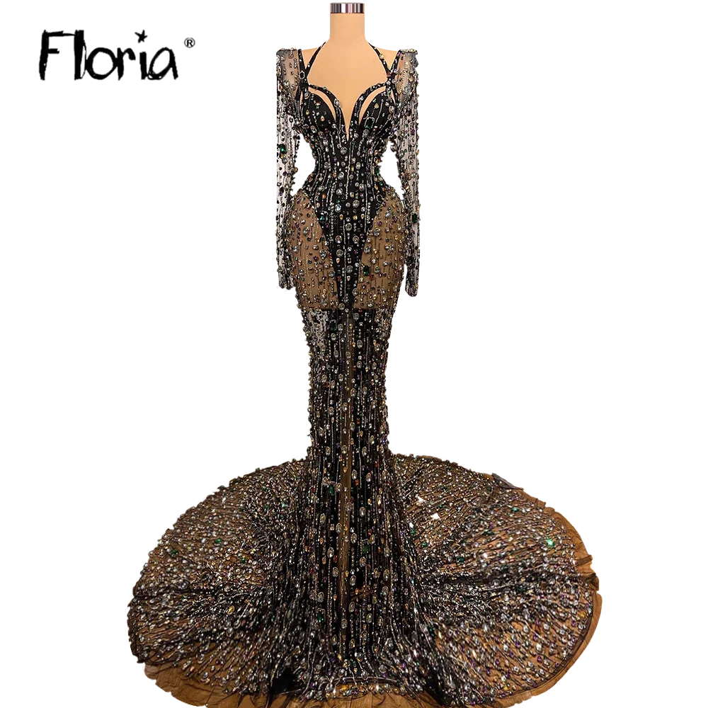 Vintage Rhinestones Luxury Evening Dress 2023 Black Crystals Mermaid Wedding Party Gowns Gala Formal Prom Dresses Customized