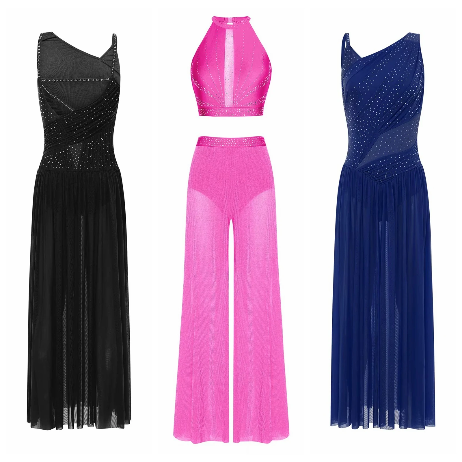 Women Lyrical Dancewear Adults Mesh Splice Modern Dance Costume Rhinestone Figure Ice Skating Dress Gymnastics Leotard Dress