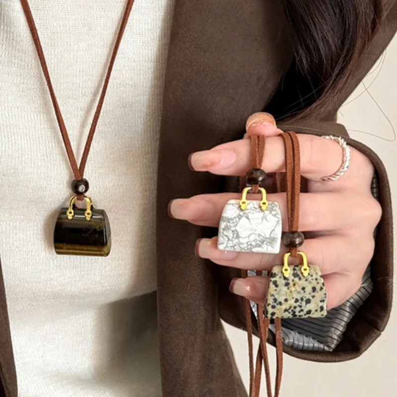 

Vintage Natural Stone Bag Pendant Long Necklace for Women Girls Autumn Winter Sweater Chain Fashion Accessories Party Jewelry