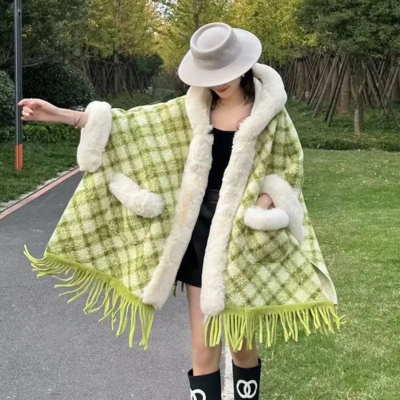 Young Fashion White Faux Rex Rabbit Fur Coat Hood Long Loose Thick Wool Overcoat Cape Winter Women Cloak Dress Smock 2023 New