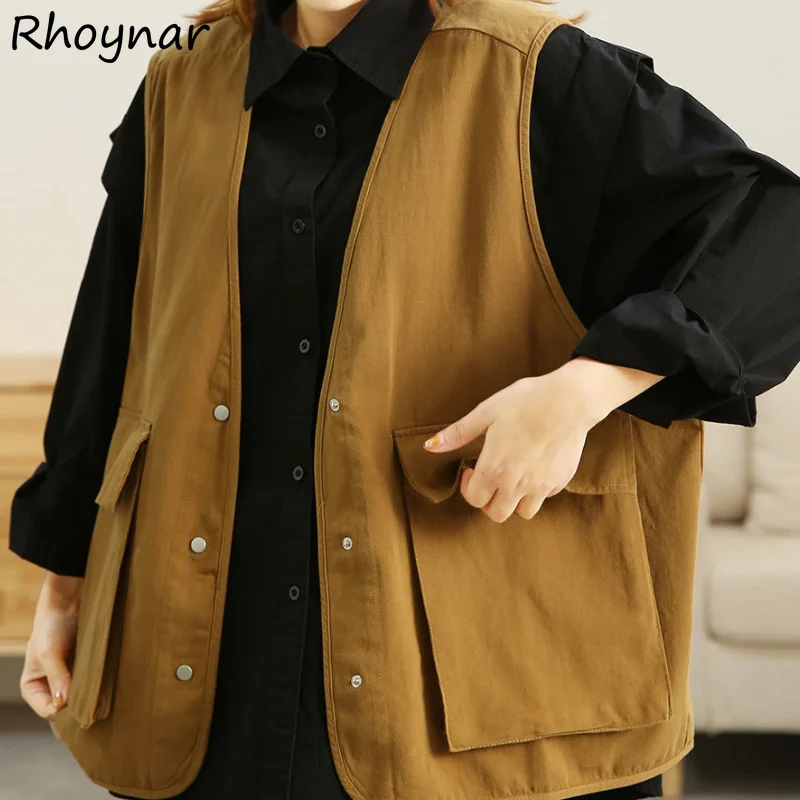 

Vests Women All-match Leisure Loose Simple Ulzzang Mujer Ins V-neck Pockets Students Hot Sale Fashion New Design Daily Korean